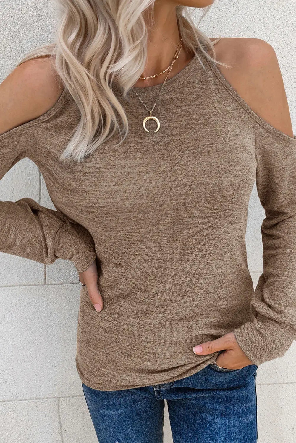 Khaki marble knit cold shoulder long sleeve top - tops