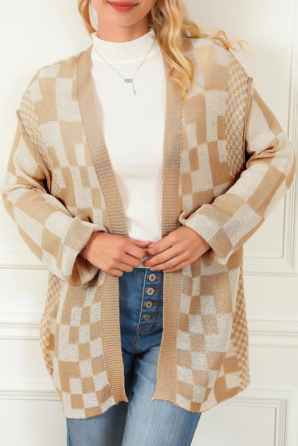 Khaki mixed checker knit drop shoulder cardigan - s /
