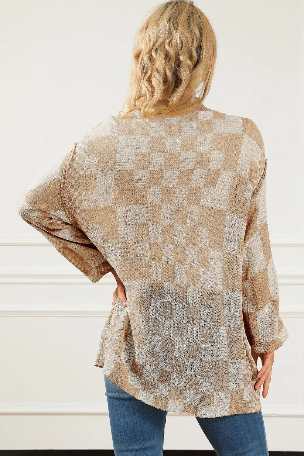 Khaki mixed checker knit drop shoulder cardigan - tops