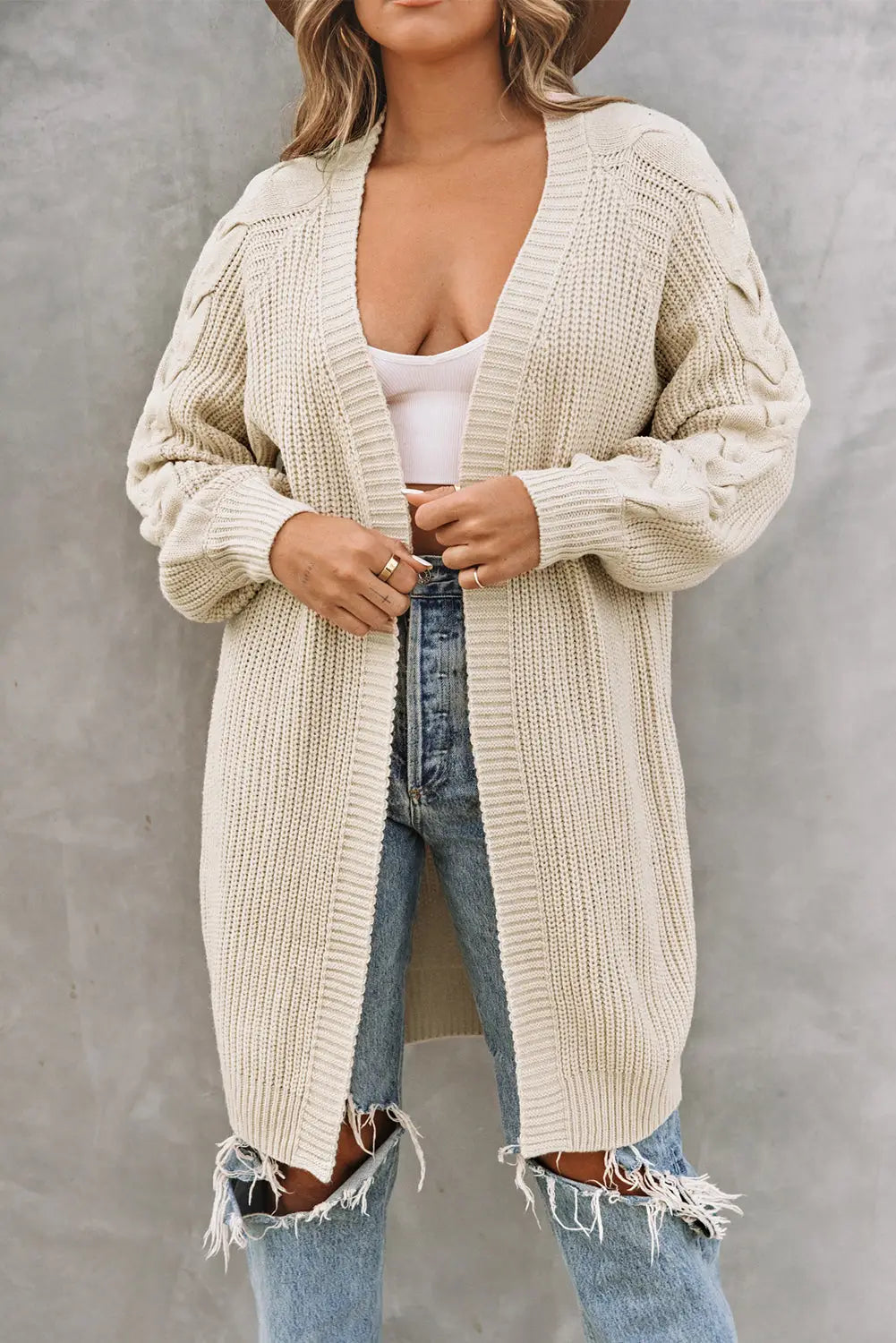 Khaki open front cable sleeve long cardigan - sweaters & cardigans