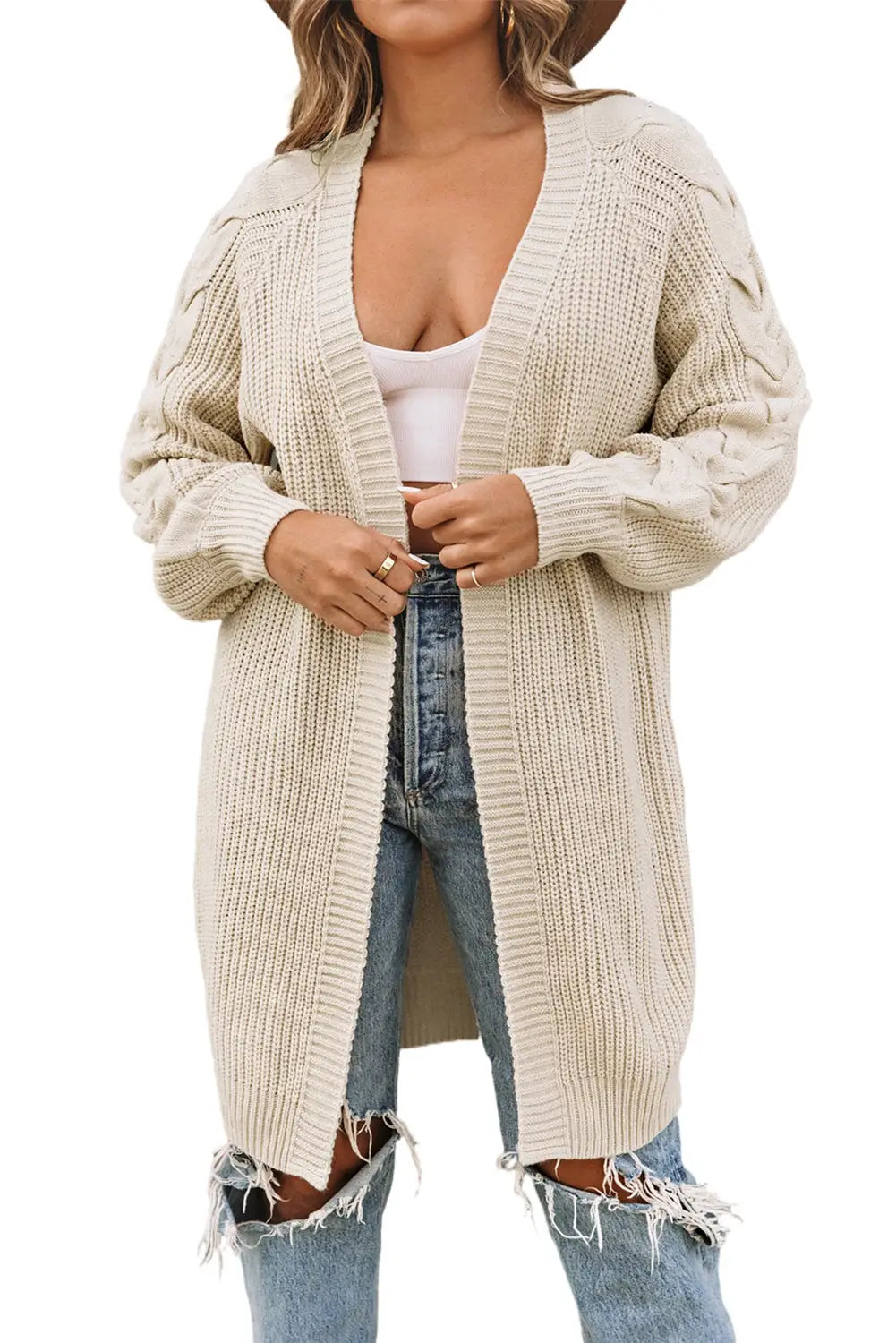 Khaki open front cable sleeve long cardigan - sweaters & cardigans