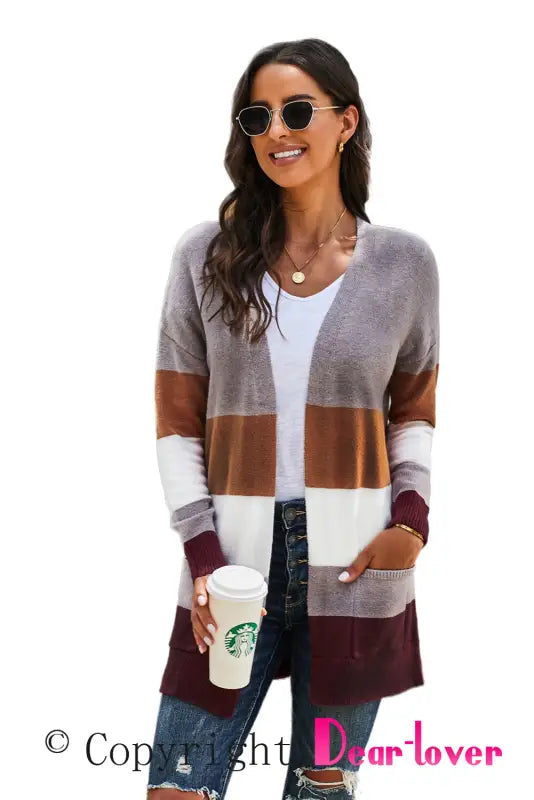 Khaki open front colorblock cardigan with pockets - sweaters & cardigans