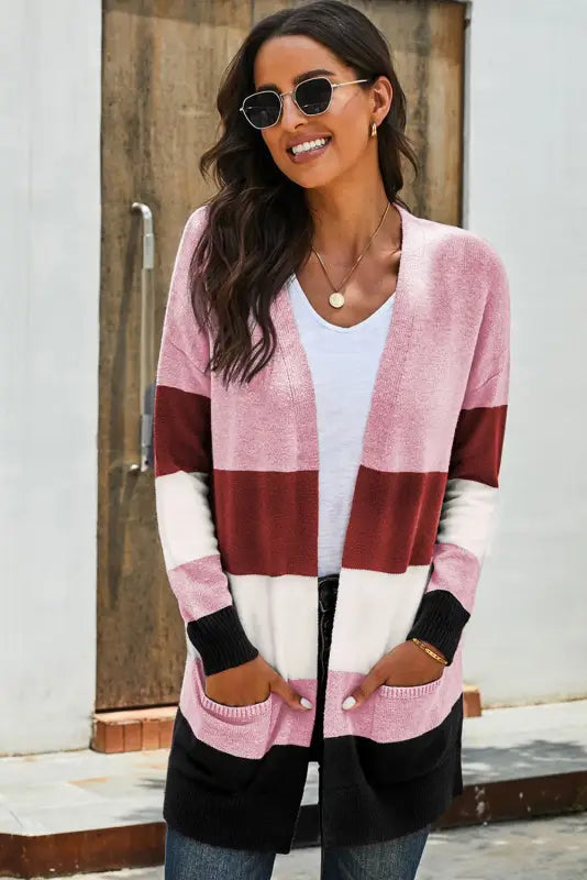 Khaki open front colorblock cardigan with pockets - sweaters & cardigans