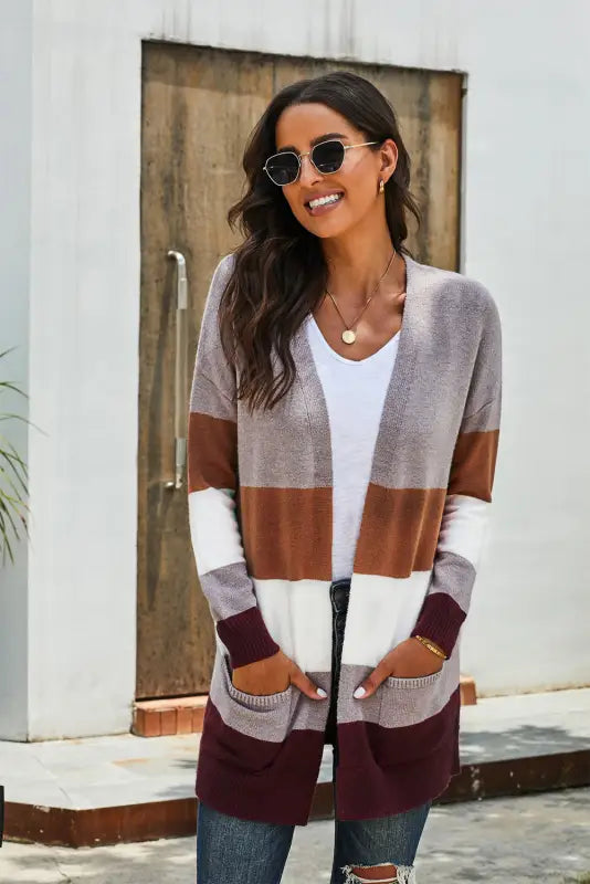 Khaki open front colorblock cardigan with pockets - sweaters & cardigans