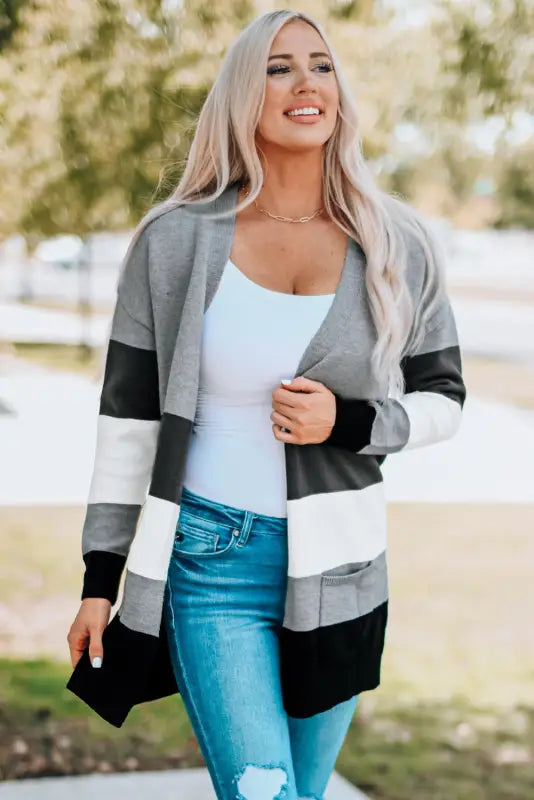 Khaki open front colorblock cardigan with pockets - sweaters & cardigans