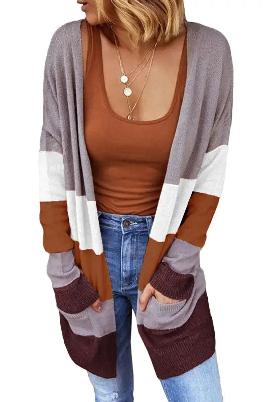 Khaki open front colorblock cardigan with pockets - sweaters & cardigans