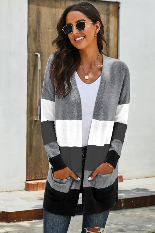 Khaki open front colorblock cardigan with pockets - sweaters & cardigans