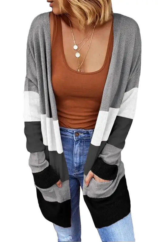 Khaki open front colorblock cardigan with pockets - sweaters & cardigans