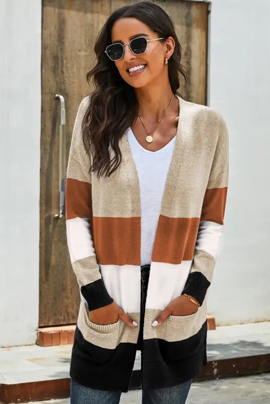 Khaki open front colorblock cardigan with pockets - sweaters & cardigans