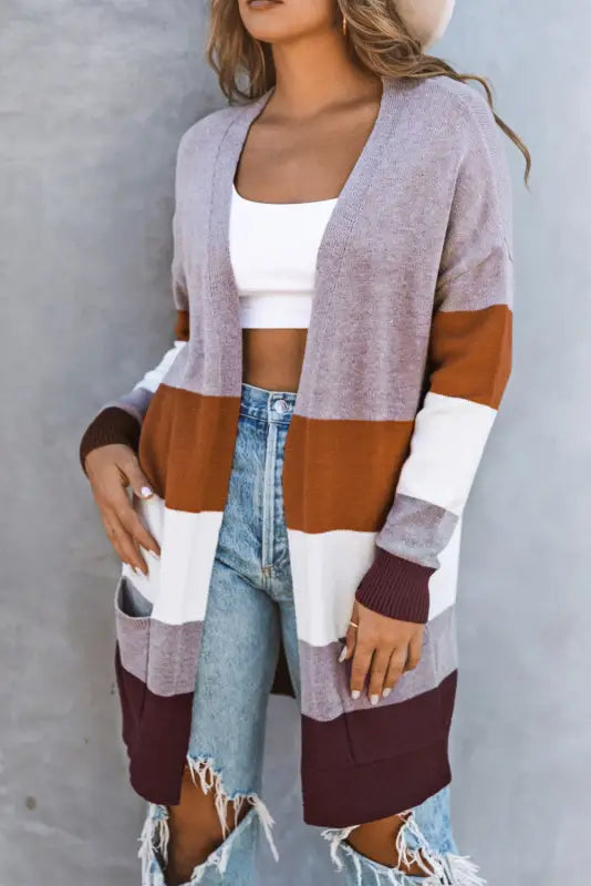 Khaki open front colorblock cardigan with pockets - sweaters & cardigans