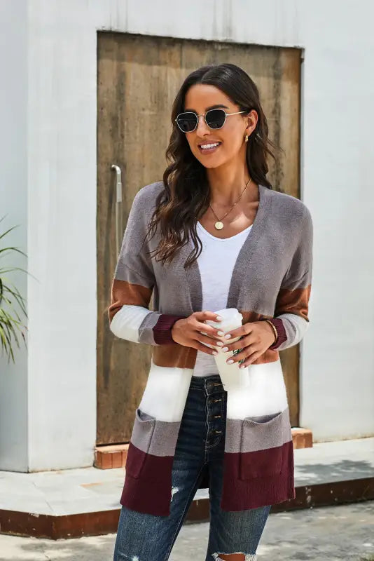 Khaki open front colorblock cardigan with pockets - sweaters & cardigans