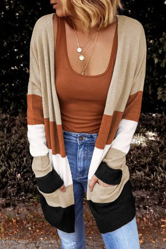 Khaki open front colorblock cardigan with pockets - sweaters & cardigans