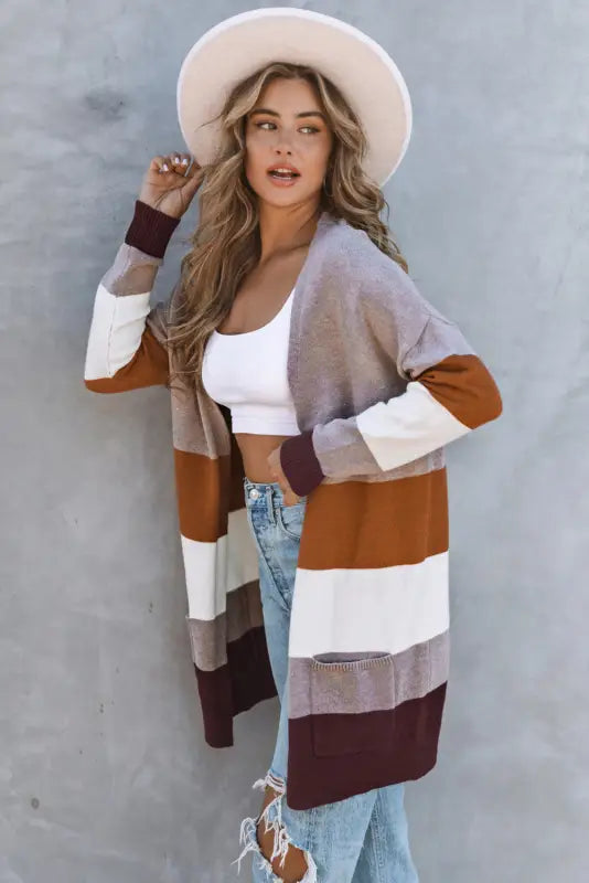 Khaki open front colorblock cardigan with pockets - sweaters & cardigans