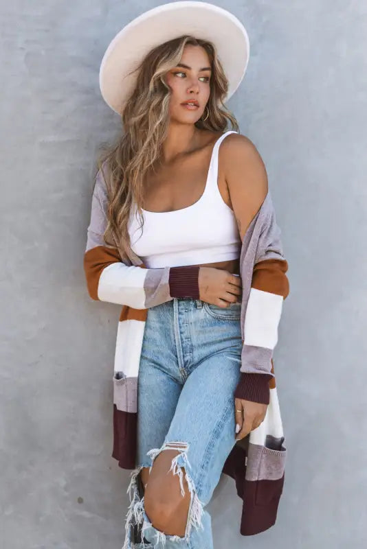 Khaki open front colorblock cardigan with pockets - sweaters & cardigans