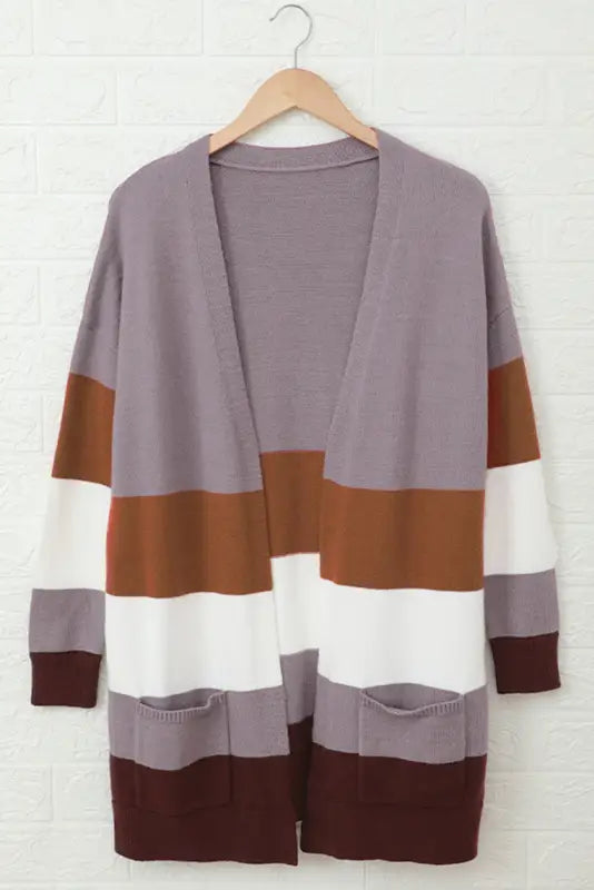 Khaki open front colorblock cardigan with pockets - sweaters & cardigans