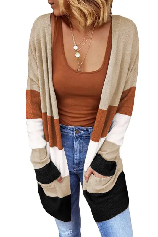 Khaki open front colorblock cardigan with pockets - sweaters & cardigans