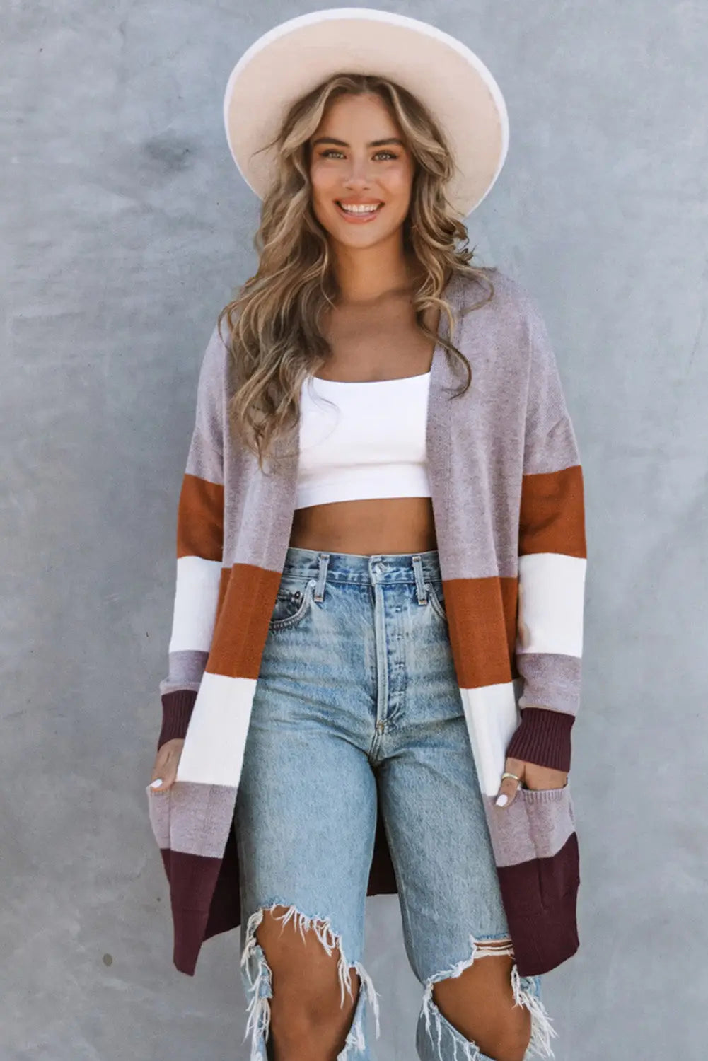 Khaki open front colorblock cardigan with pockets - sweaters & cardigans