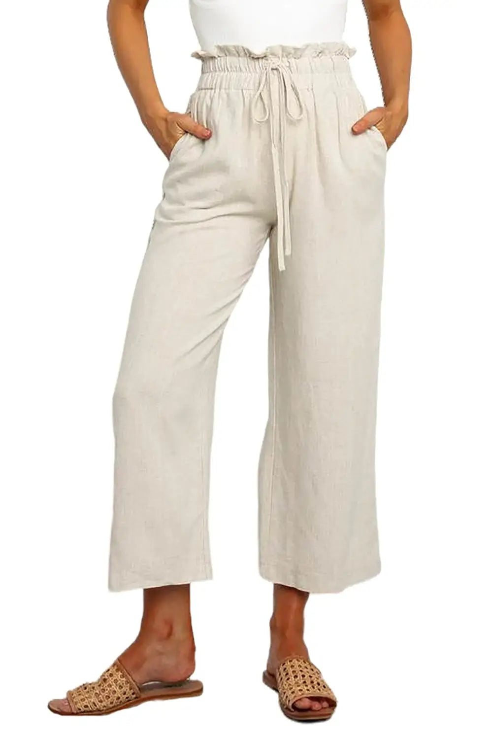 Khaki paperbag waist straight leg cropped pants - wide