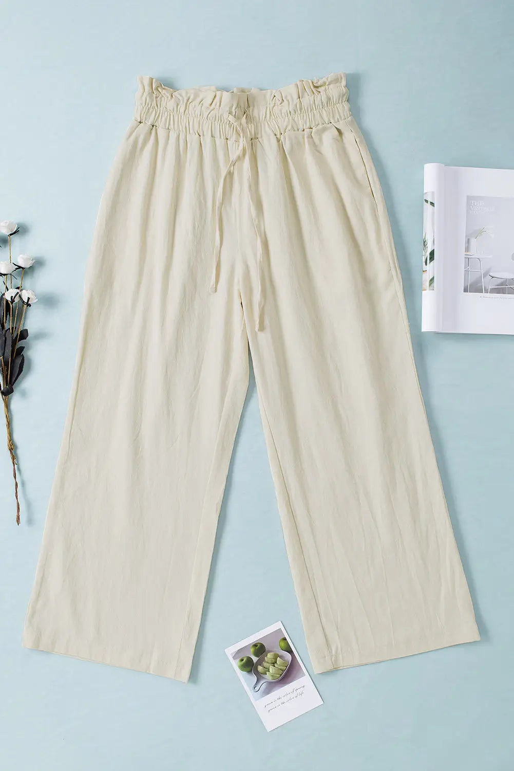 Khaki paperbag waist straight leg cropped pants - wide