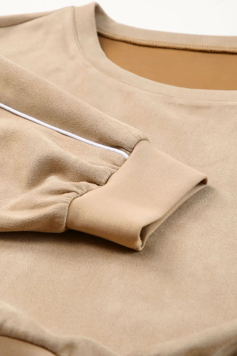 Khaki piping trim long sleeve terry shorts set - loungewear