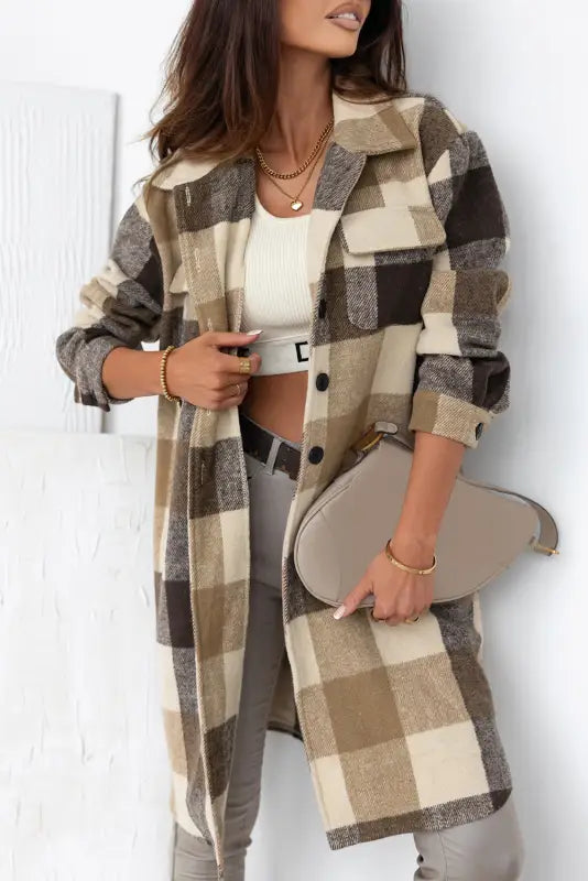 Khaki plaid button-down flap pocket long shacket - shackets