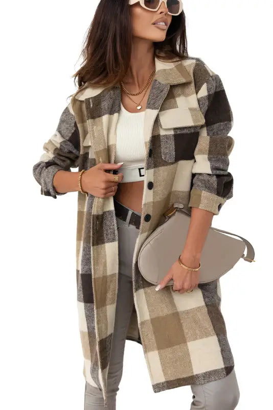 Khaki plaid button-down flap pocket long shacket - shackets