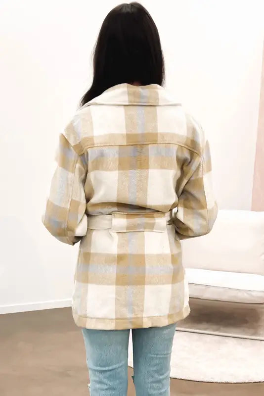 Khaki plaid button-up flap pocket shacket - shackets