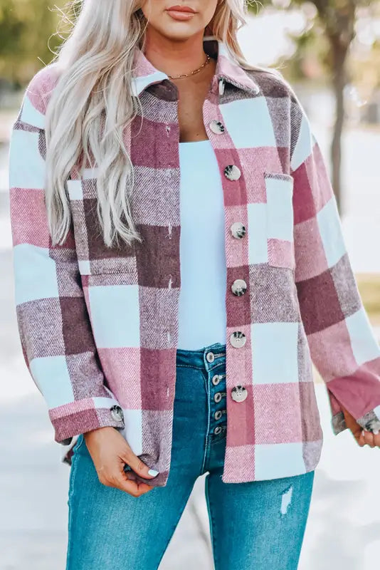 Khaki plaid color block buttoned long sleeve jacket