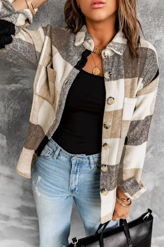 Khaki plaid color block buttoned long sleeve jacket