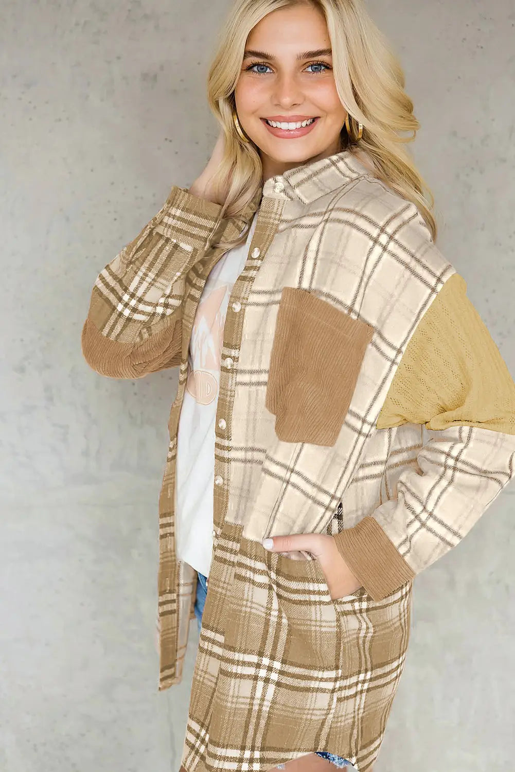 Khaki plaid color block patchwork shirt jacket with pocket - shackets