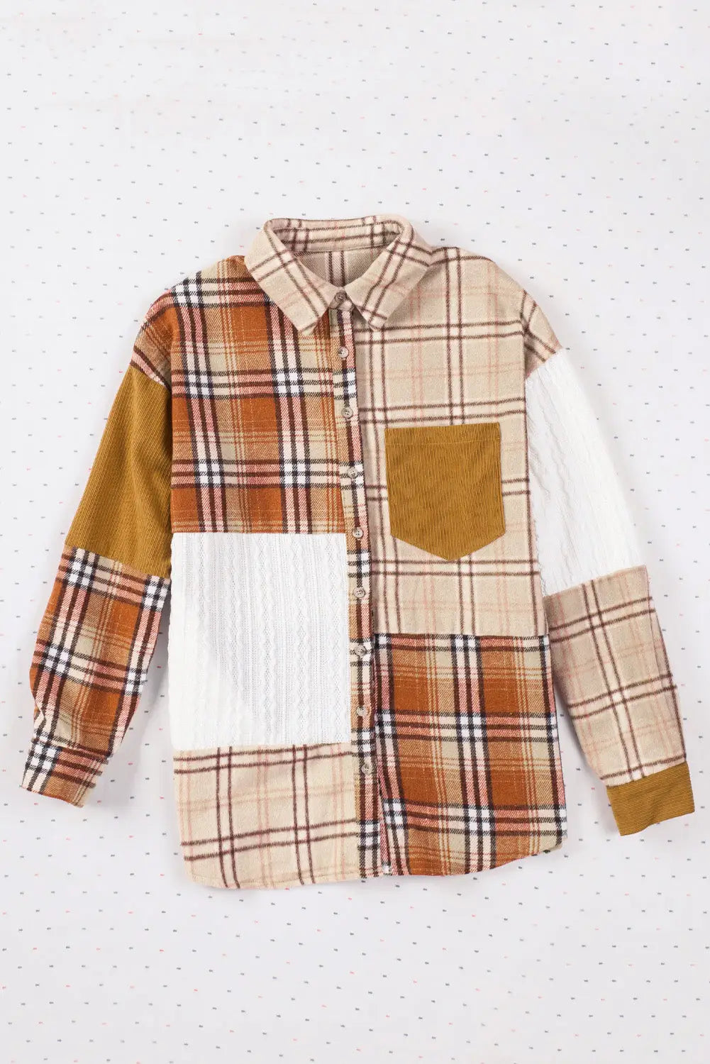 Khaki plaid color block patchwork shirt jacket with pocket - shackets