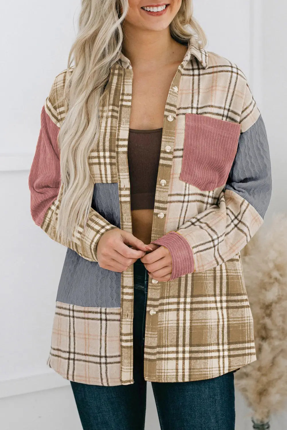 Khaki plaid color block patchwork shirt jacket with pocket