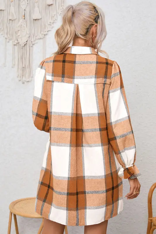 Khaki plaid pattern collared neck ruffled sleeve shirt dress