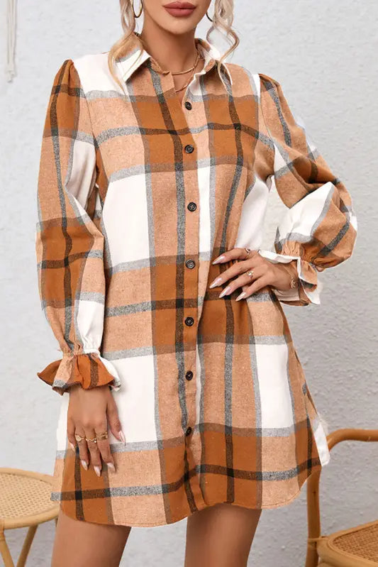 Khaki plaid pattern collared neck ruffled sleeve shirt dress