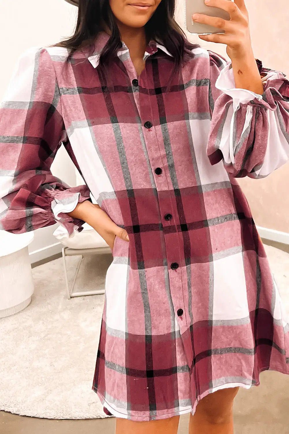 Khaki plaid pattern collared neck ruffled sleeve shirt dress - brown / l / 65% polyester + 35% cotton - dresses