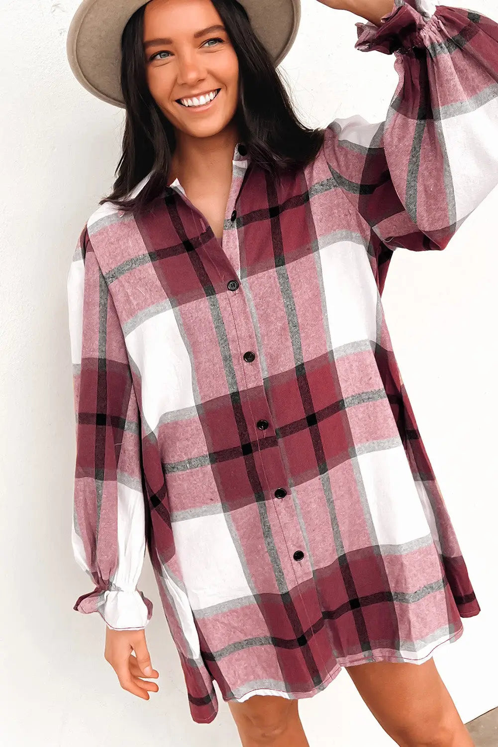 Khaki plaid pattern collared neck ruffled sleeve shirt dress