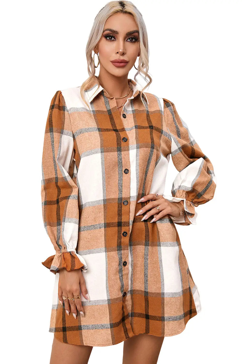 Khaki plaid pattern collared neck ruffled sleeve shirt dress