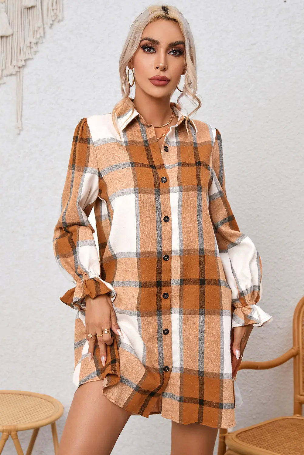 Khaki plaid pattern collared neck ruffled sleeve shirt dress - dresses