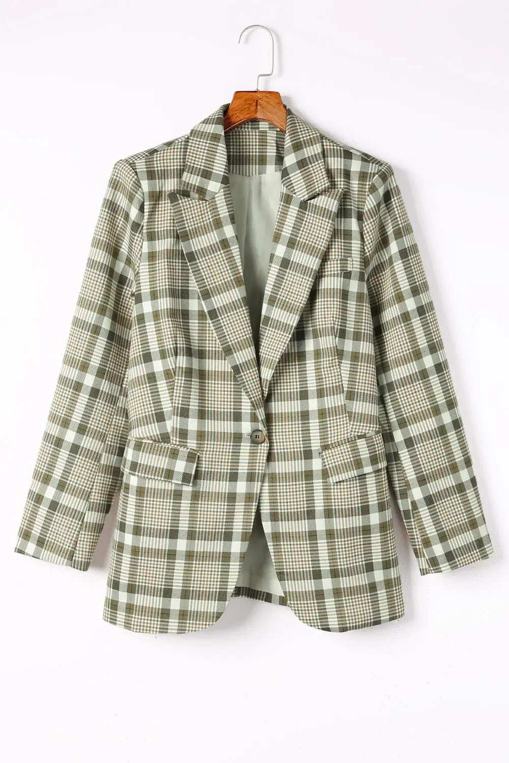 Khaki plaid print lapel collar buttoned blazer - outerwear