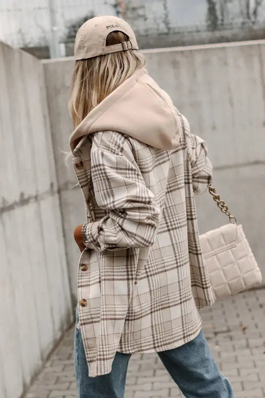 Khaki plaid removable hood buttoned shacket - shackets