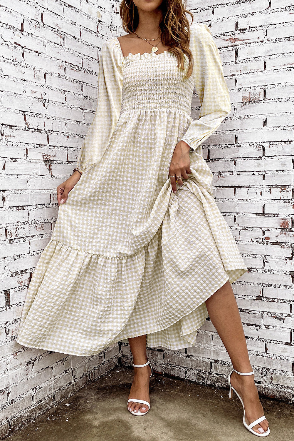 Khaki plaid ruffled square neck smocked tiered maxi dress - s / 65% polyester + 35% cotton - dresses