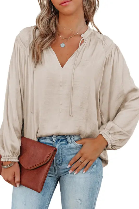 Khaki pleated balloon sleeve drawstring v-neck blouse - tops