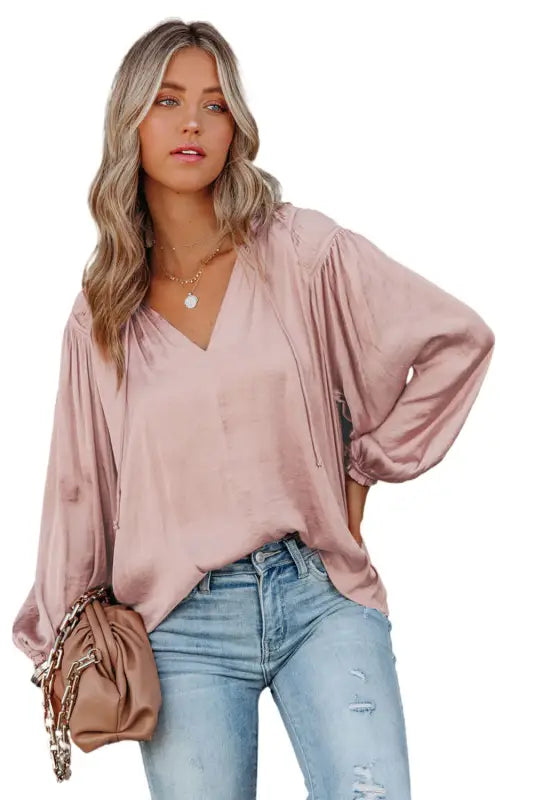 Khaki pleated balloon sleeve drawstring v-neck blouse - tops