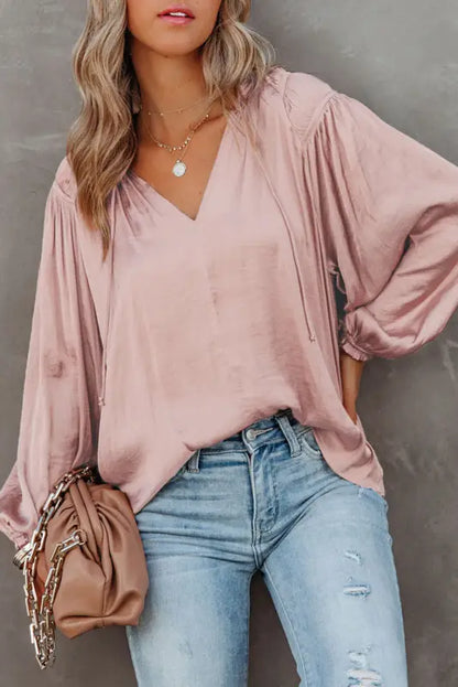 Khaki pleated balloon sleeve drawstring v-neck blouse - pink / s / 100% polyester - tops