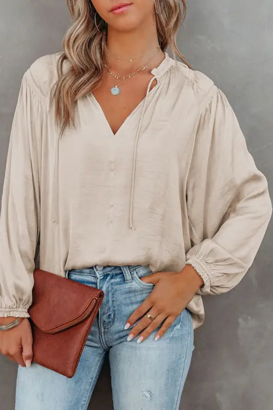 Khaki pleated balloon sleeve drawstring v-neck blouse - tops