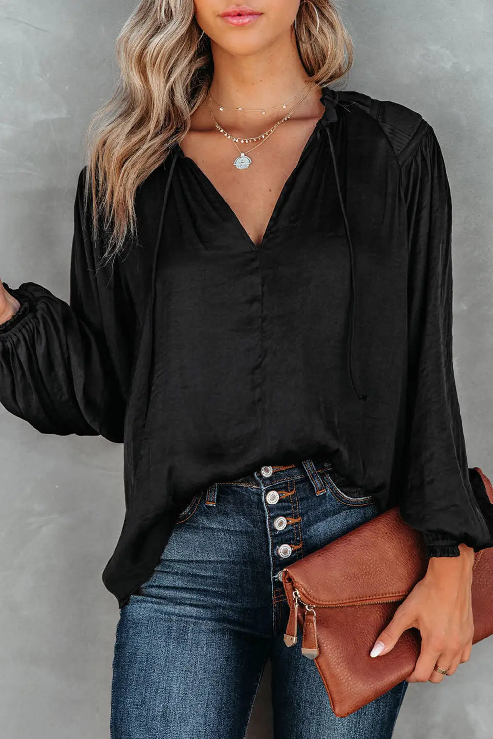 Khaki pleated balloon sleeve drawstring v-neck blouse - black / s / 100% polyester - tops