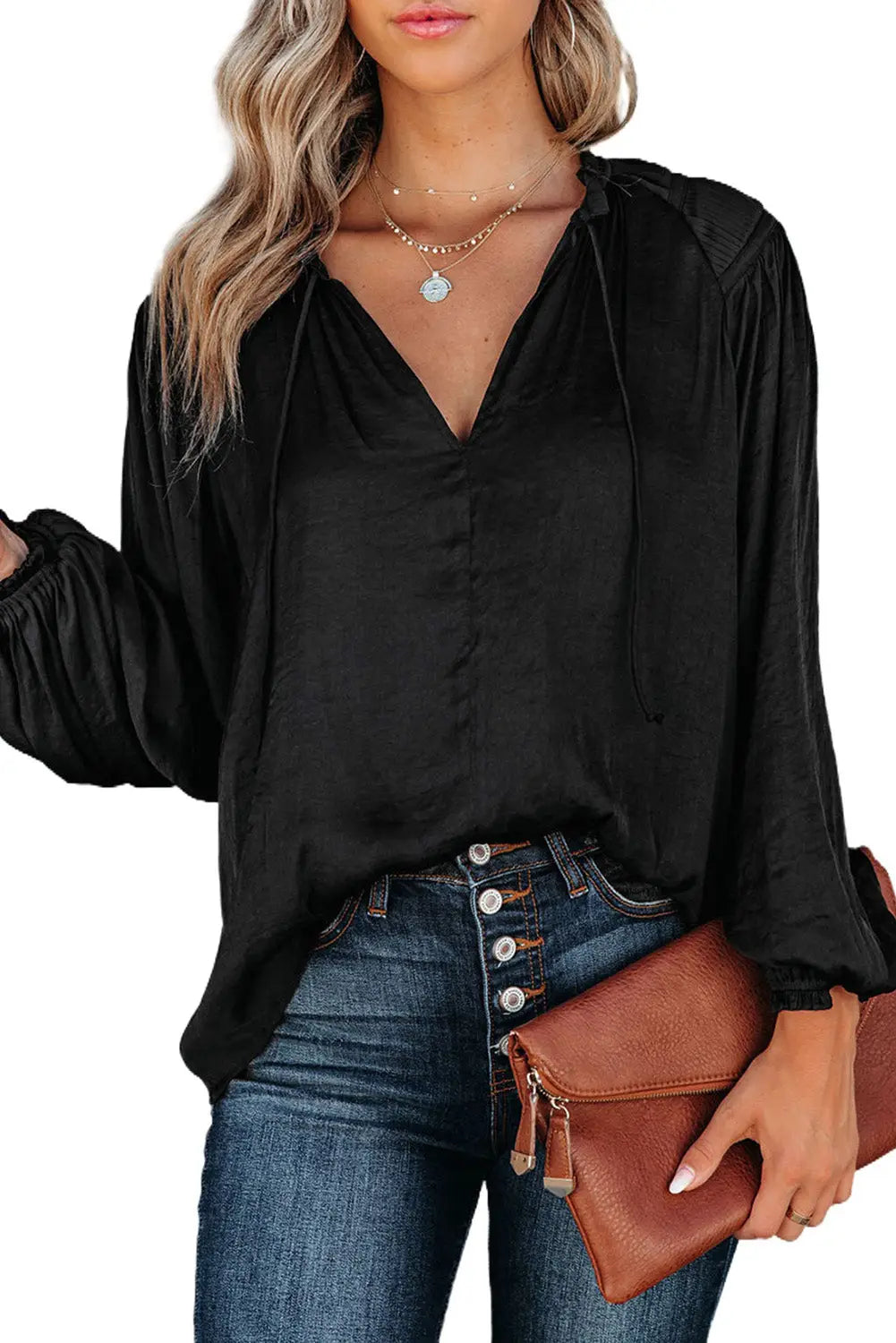 Khaki pleated balloon sleeve drawstring v-neck blouse - tops