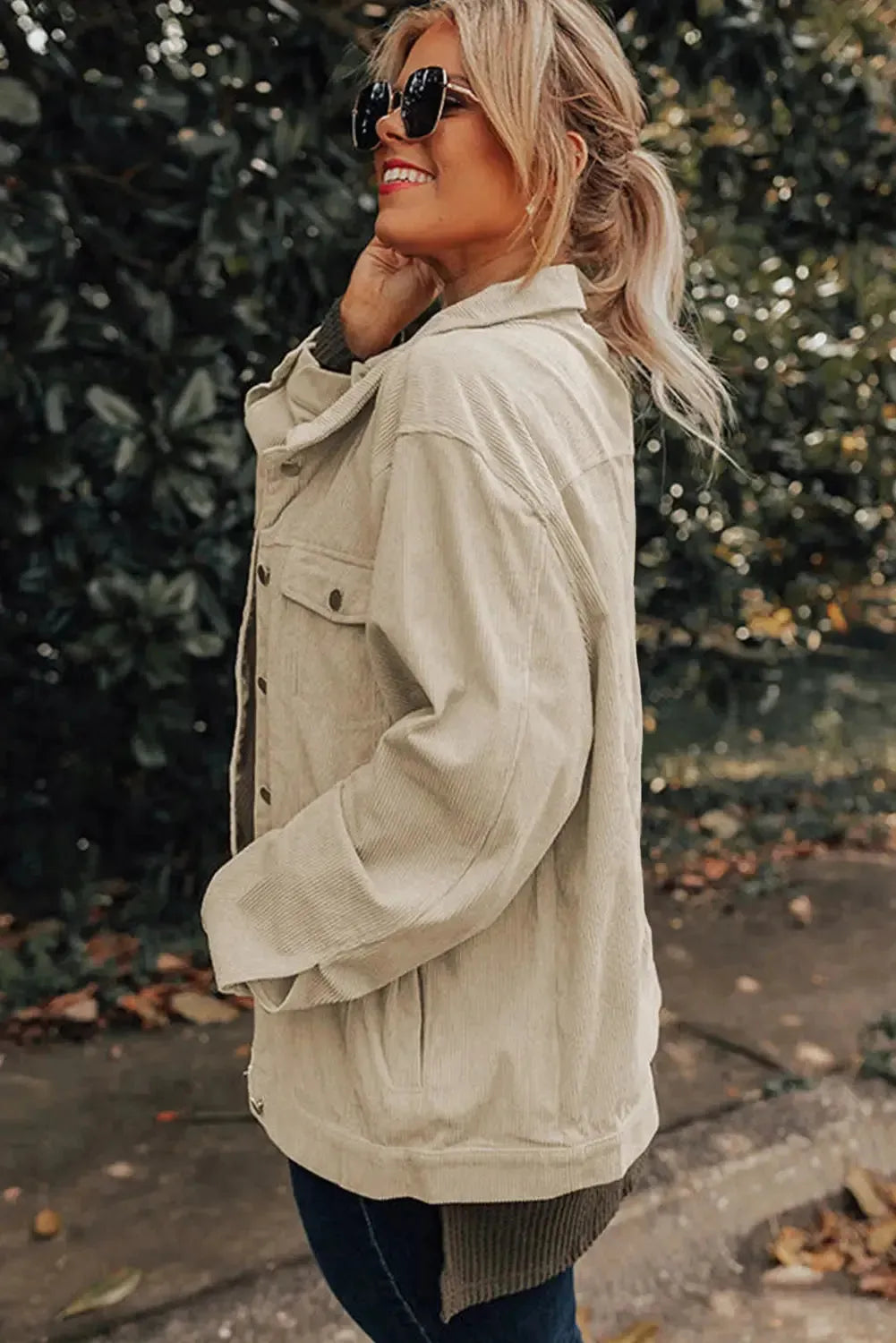 Khaki Plus Size Crochet Pattern Back Corduroy Jacket - Fashionfitz