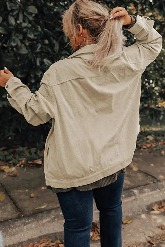 Khaki Plus Size Crochet Pattern Back Corduroy Jacket - Fashionfitz