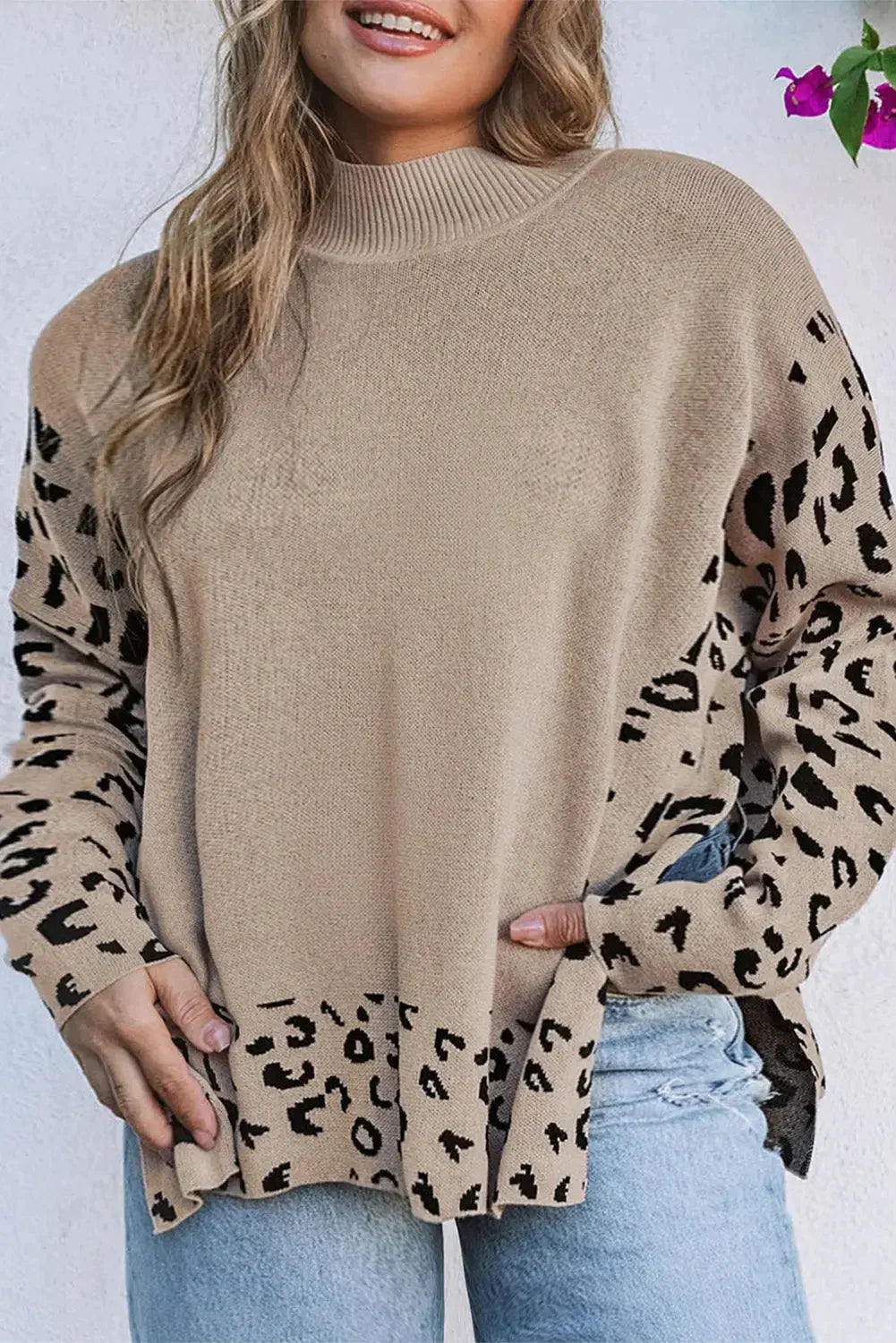 Khaki plus size leopard patchwork high neck sweater - 1x / 55% acrylic + 45% cotton